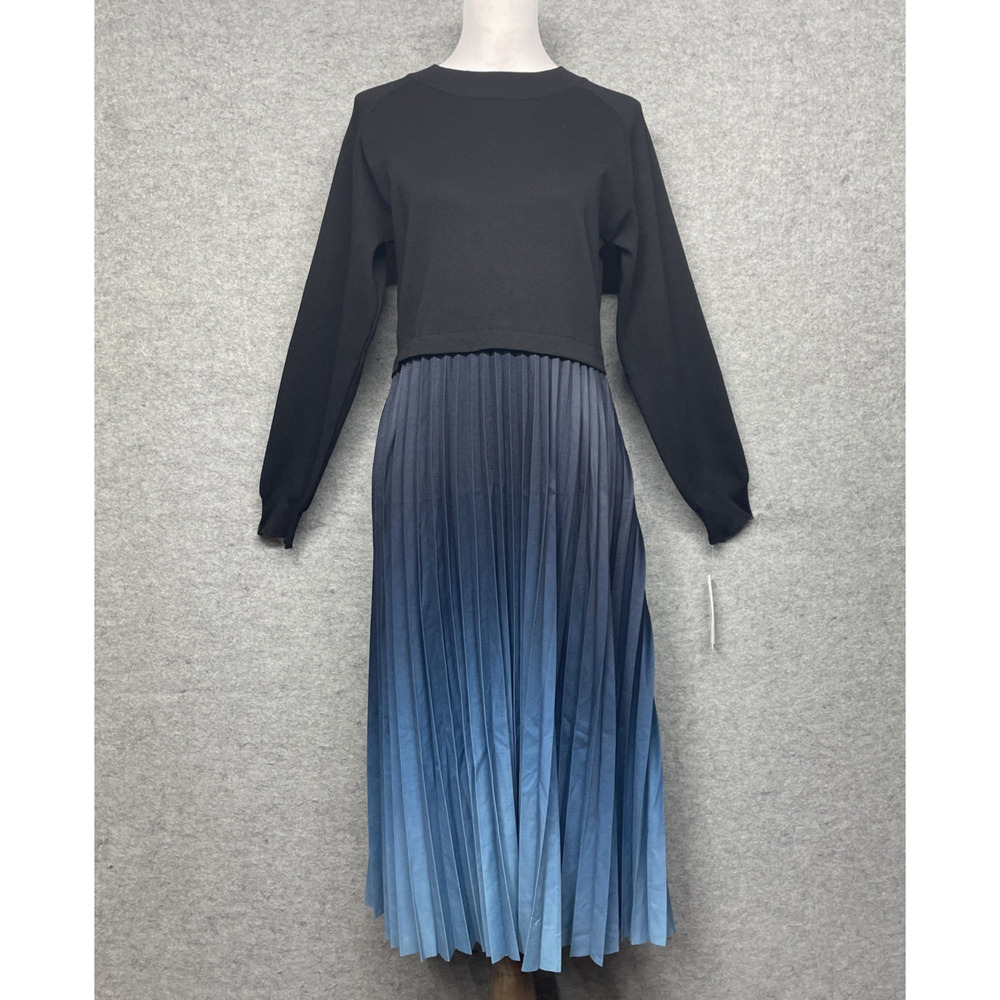 NWT Nanette Lepore XL Ombre Pleated Midi Dress Black/Blue Long Slv Classic FLAW - Picture 12 of 13